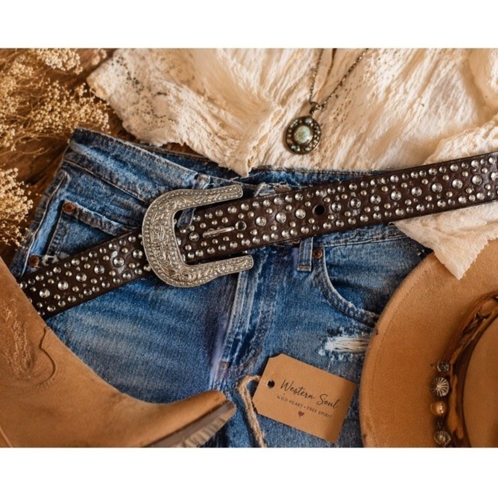 Brown Leather Rhinestone Studded Western Belt Silver Buckle 44" Boho Cowgirl